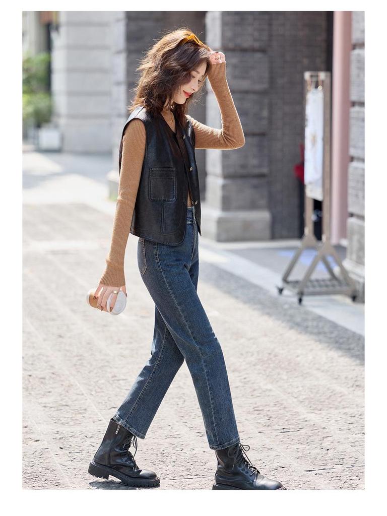 Women's Short Sheepskin Leather Motorcycle Vest - Autumn/Winter Korean Style Outerwear