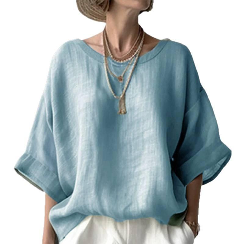 Womens Oversized Relaxed Fit Linen Cotton Blend Shirt Loose Round Neck Top Casual Plus Size