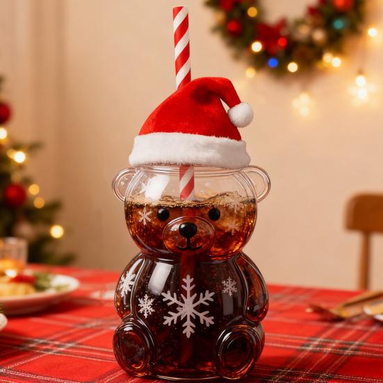 Yousheng Bear-Shaped Glass Cup with Lid And Straw Clear Beverage Mug Honey Bear Straw Cup for Cold Drinks Coffee Beer Wine Cocktails