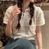Summer Women's Polo Collar Hollow Knitted Shirt Sweet Versatile Unique Short Sleeve Top for Women