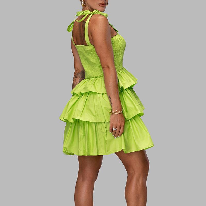 Spaghetti Strap High Waist Dress: Playful, Sweet, and Fashionable Solid Color Swing Skirt