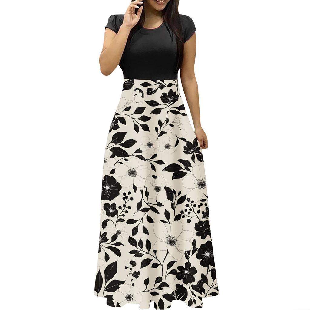 Women's Fashion Casual Loose Printed Round Neck Short Sleeve Long Dresses Short Sleeve Long Dresses