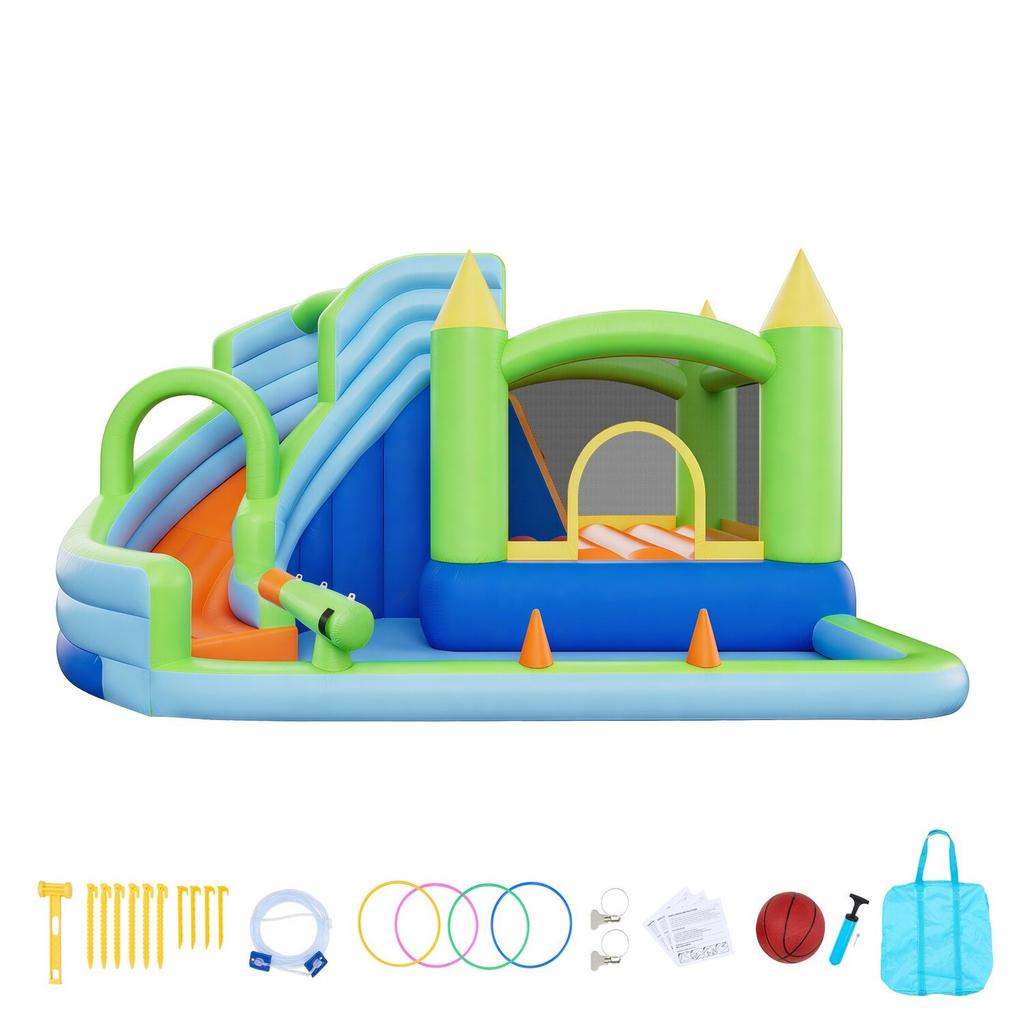 Inflatable Bounce House, 11.3 x 12.3 x 7.0 ft Inflatable Bounce House Water Slide, Bouncer Castle with Castle Bounces, Basketball Hoop, Splash Pool &