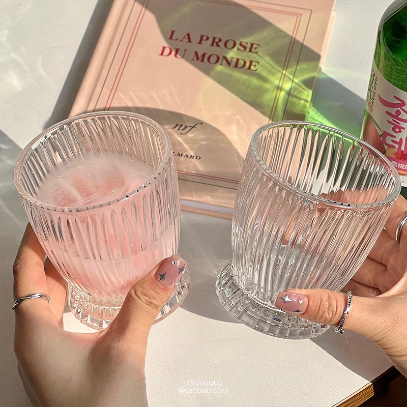 9.7oz/12.8oz Korean Style Striped Glass Cup Personalized Cocktail Mojito Cups Small Waist Shaped Wine Glass Juice Beverage Mugs