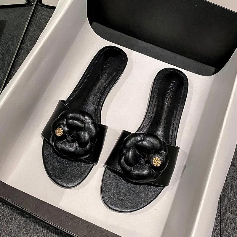 Summer Women Shoes Modern Slipper Fashion Camellia Leather Flat Shoes Girl Street Fashion Sandals