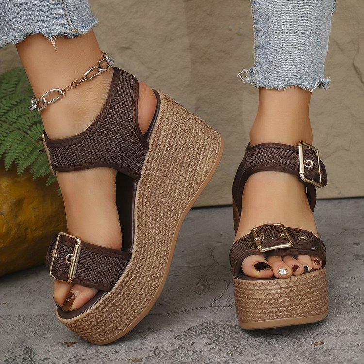 

European and American foreign trade belt buckle high heel word with platform sandals women s large size wedge heel buckle casual cool slippers 43