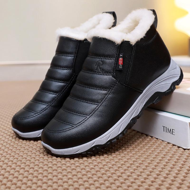 Winter leather waterproof mother cotton shoes old Beijing velvet warm thick-soled short boots men and women the same style middle-aged and elderly cot