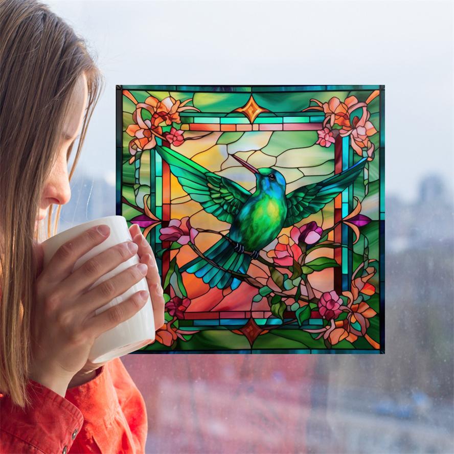 New Antique Color Dyed Hummingbird Iris Japonica Window Glass Electrostatic Sticker Detachable Decorative Film Home Decorations