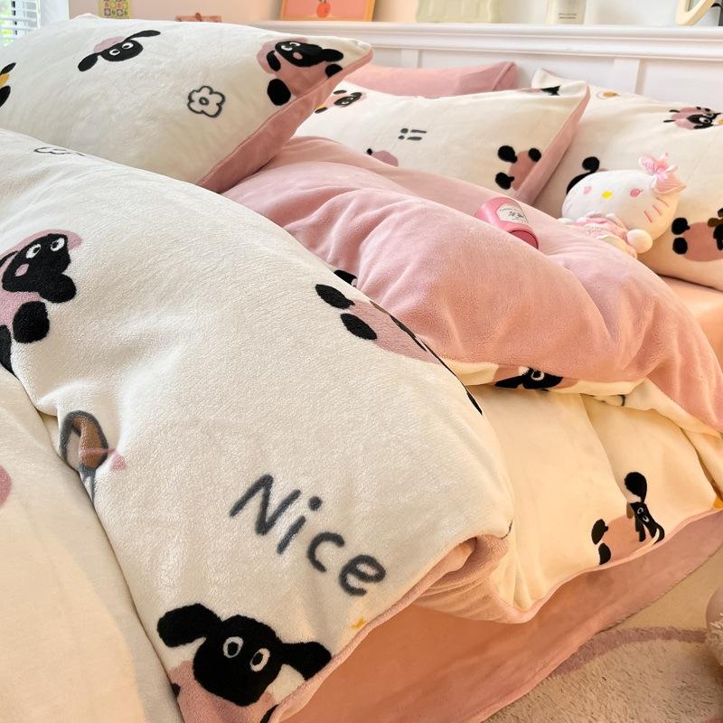 Thickened Milk Fleece Bed Four-Piece Coral Fleece Quilt Cover Double-Sided Flannel Fleece Bed Sheet Three-Piece Set