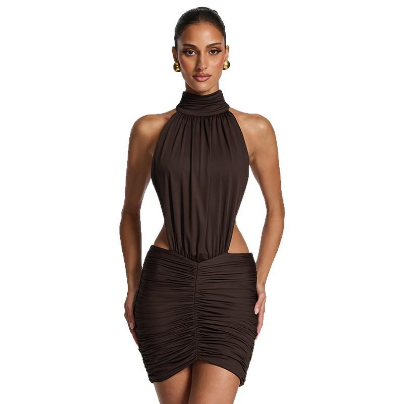 European and American women's clothing summer new solid color sleeveless high neck pleated sexy backless hip-wrapped dress women