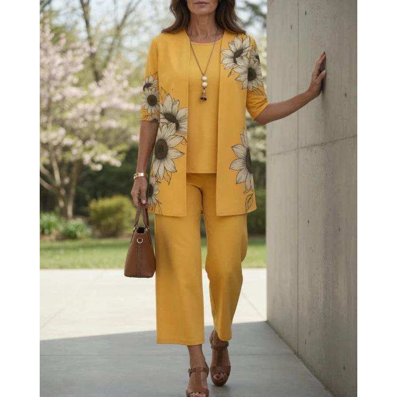 1-Piece Women's Set, Spot 1D Digital Printed Cardigan Jacket with Tank Top and Elegant Casual Pants