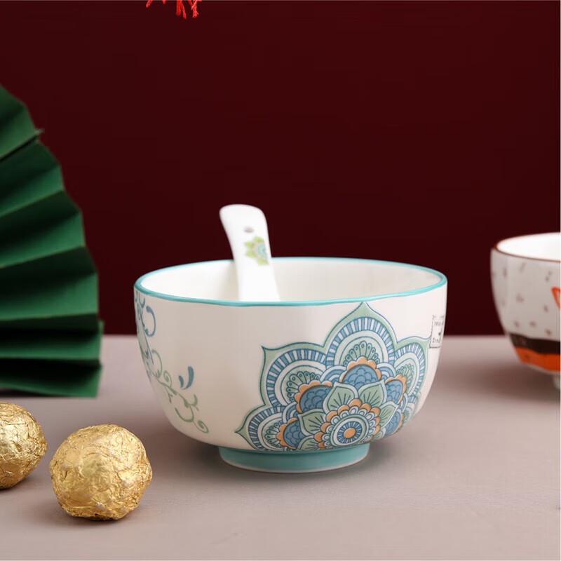 Chinese Style Printed Ceramic Bowl & Spoon Set