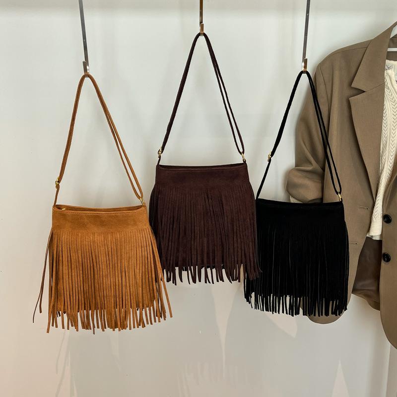 Torba z frędzlami torba damska retro moda wszechstronna damska torba na ramię listonoszka polerowany zamsz z jelenia torba wiaderko z polaru