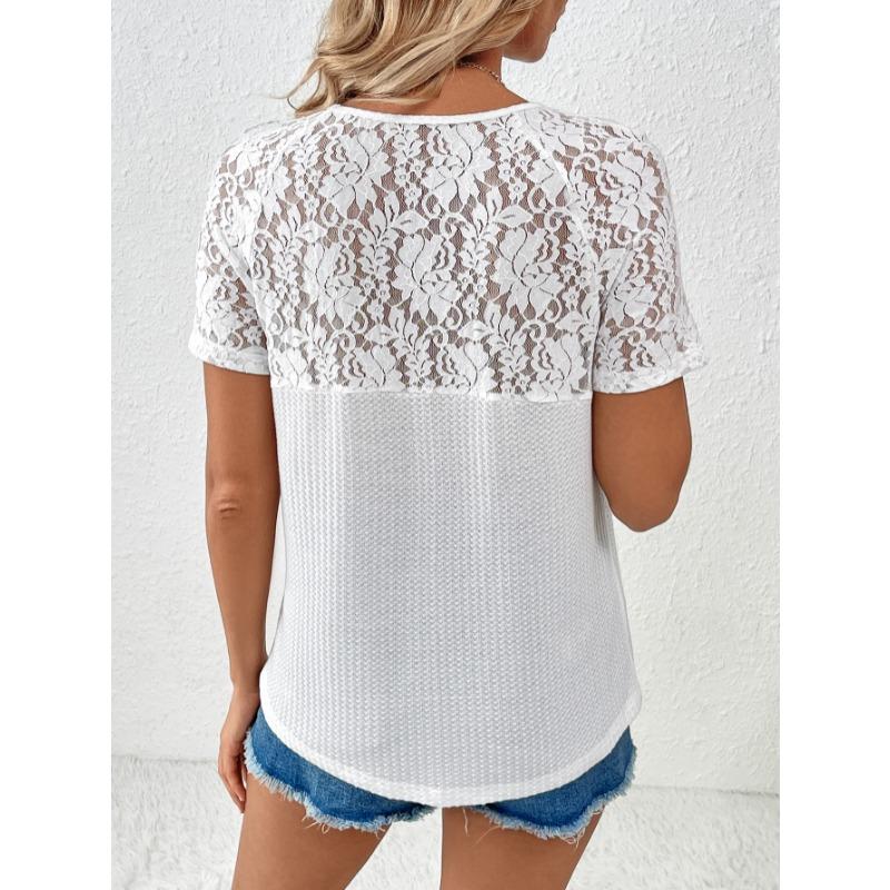 Summer Short Sleeve Hollow Lace V-neck Women Blouse Loose Casual T-shirt Short Sleeved Office Top Loose Fashion Elegant Solid Color Shirt Clothing