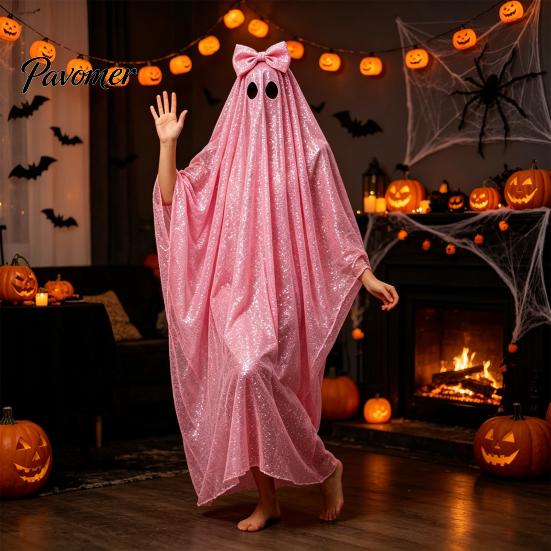 White Ghost Poncho Sequin Cape for Women, Cute Halloween Costume Cloak with Holiday Cosplay Bows, Lightweight Mesh Pullover Robe Party Photoshoot