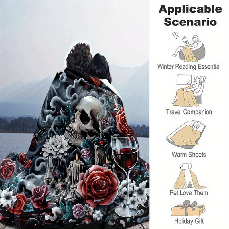 1pc Skulls Roses Candles and Wine Blanket Soft, Warm Cozy Bedding Decor, Living Room, Travel, Camping, Car Blankets