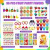 Blosssound 96 Pcs Fruit Party Favors Summer Theme Birthday Gifts Set Make a Fruit Sticker Stress Ball Slap Bracelet Glass Ring Keychain Stamper Gift