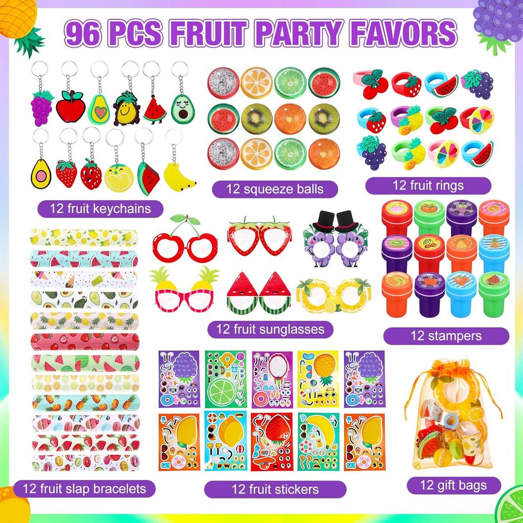 Blosssound 96 Pcs Fruit Party Favors Summer Theme Birthday Gifts Set Make a Fruit Sticker Stress Ball Slap Bracelet Glass Ring Keychain Stamper Gift