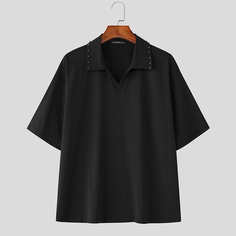 INCERUN Men Casual Turn-down Collar Short Sleeve Solid Color T-shirts