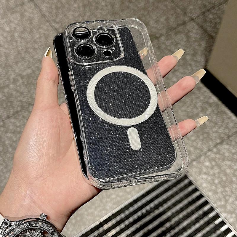 Luxusní třpytivé bezdrátové nabíjecí pouzdro MagSafe pro iPhone 15 14 13 12 11 ProMax nárazuvzdorné průhledné magnetické měkké nárazníkové pouzdro