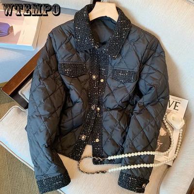 Black Diamond Checkered Cotton Jacket Women's Short Warm Coat Retro Style Temperament Single Breasted Top Autumn and Winter