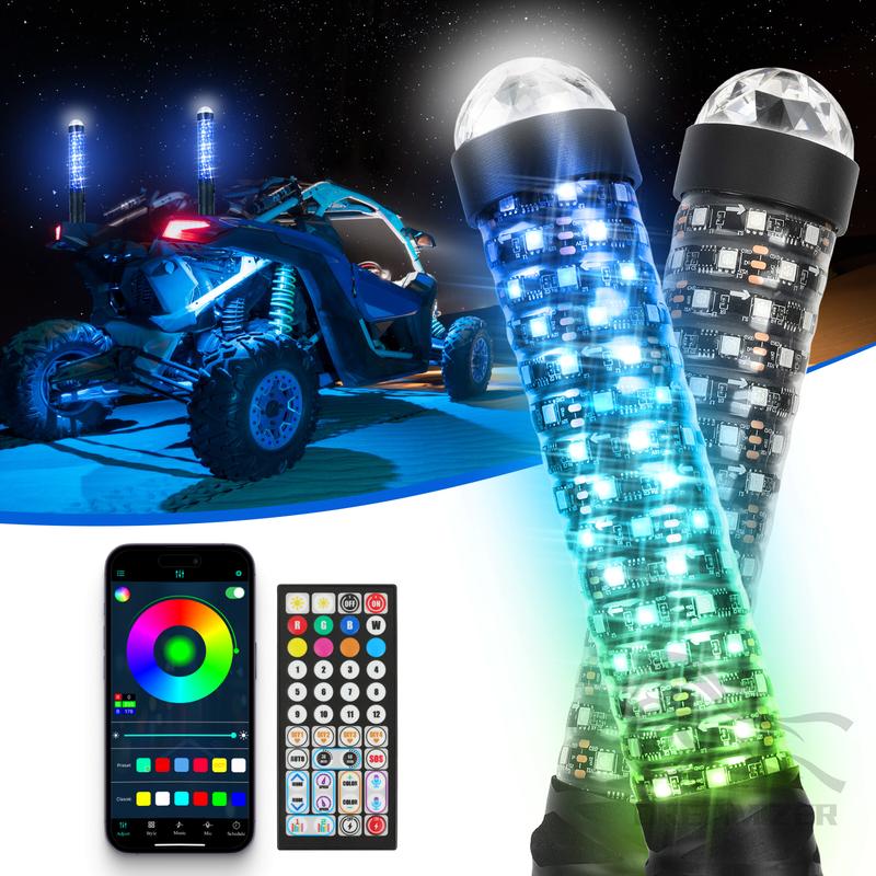 2PCS 1FT RGB LED Antennas With Warning Lights Antenna Led Bar Spiral Sequential Whip Light Off-road And UTV Accessories