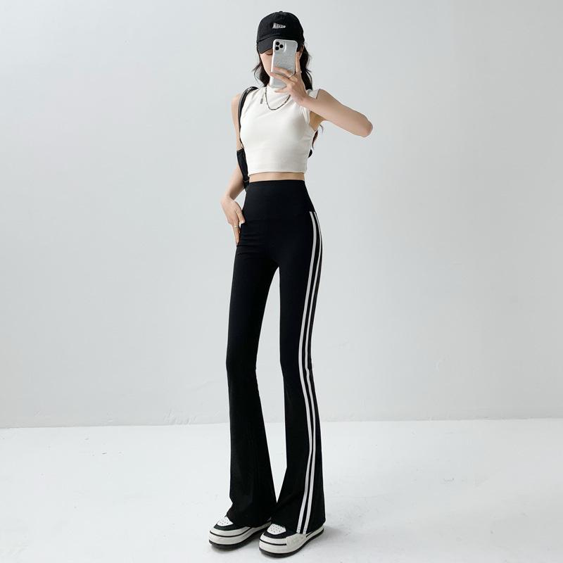 Black Flared Shark Pants for Women, High-waisted Slimming Striped Pants with Pockets, Loose and Stylish Spring/autumn Bell-bottom Pants