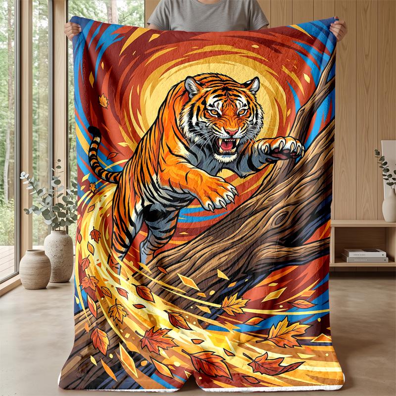 Tiger in Autumn Leaves Theme blanket Lightweight Warm Flannel Blanket Decorative Throw Blanket for Home Decoration