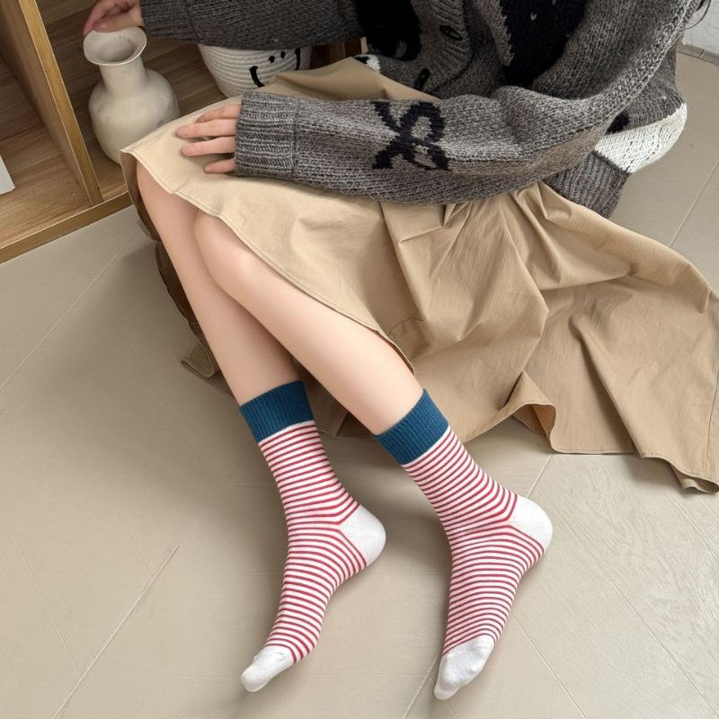 Women's Color-blocking Striped Mid-calf Socks, College-style Long Calf Socks, Trendy Women's Socks