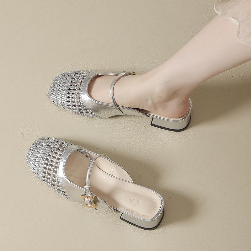 Wear Half Slippers 2025 New Hollow Bag Head Hollow Breathable Low Heel Inner Height Increase Woven Women's Summer High Heel Sandals
