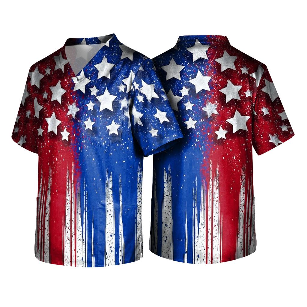 Men's Short Sleeve V Neck Medical Scrub Top with Chest Pocket and Two Side Pockets for Healthcare Professionals Patriotic Print