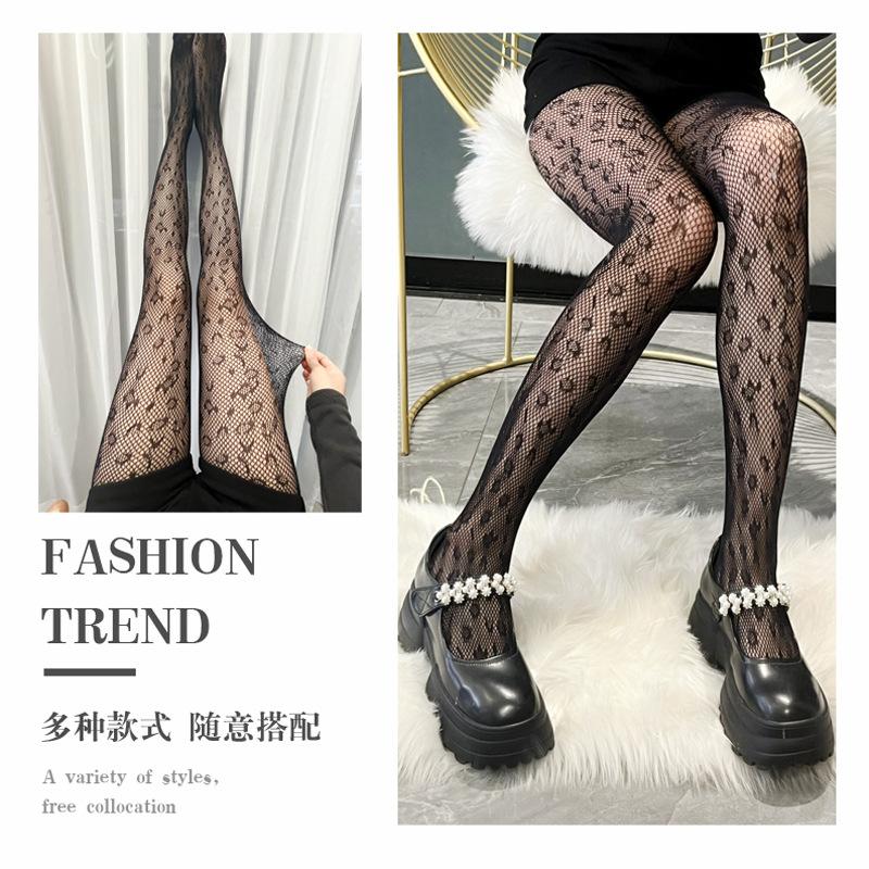 Vintage leopard print jacquard with hollow design jk Black fishnet stockings, European and American sexy pantyhose, alluring letter-print fishnet