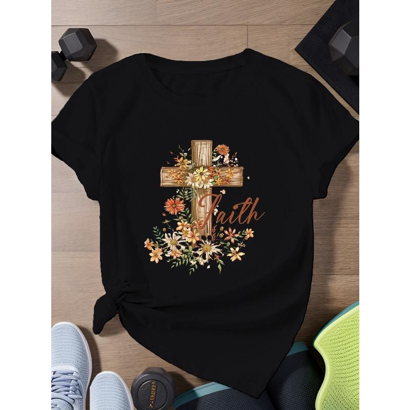 European Size Women's Faith-Based Floral Cross Short Sleeve T-Shirt - Religious Apparel with Round Neck Casual Summer