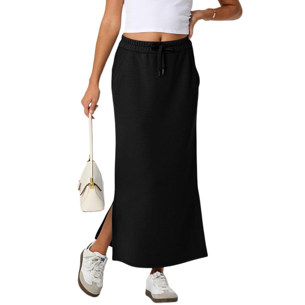 Womens Casual Maxi Skirts  High Waist Trendy Drawstring Side Slit Skirts With Pockets