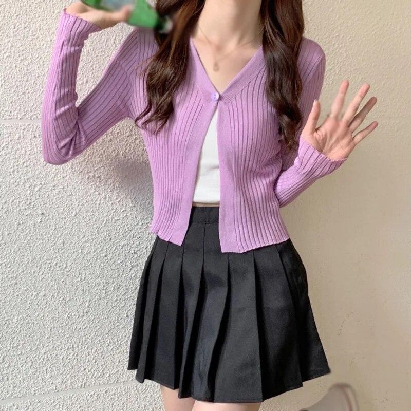 Dámské jednobarevné zapínání na knoflíky s dlouhými rukávy, dámský pletený kardigan