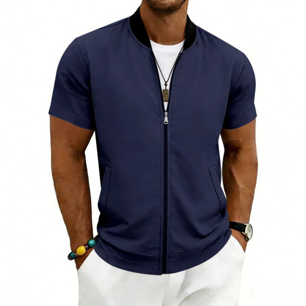 Men Short Sleeve Jacket Lightweight Zipper Front Casual Stand Collar Outerwear for Summer Spring Fall