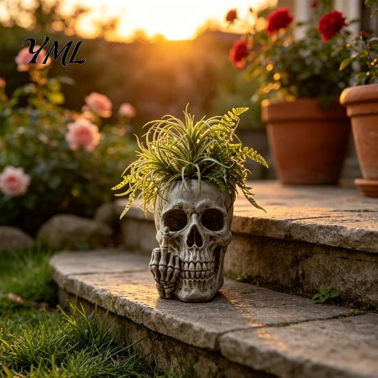 Gothic Home Ornament Skull Planter with Middle?Finger Gesture, Resin Succulent Pot, Skeleton Head Punk Style Plant Holder Flower Unique Desktop for