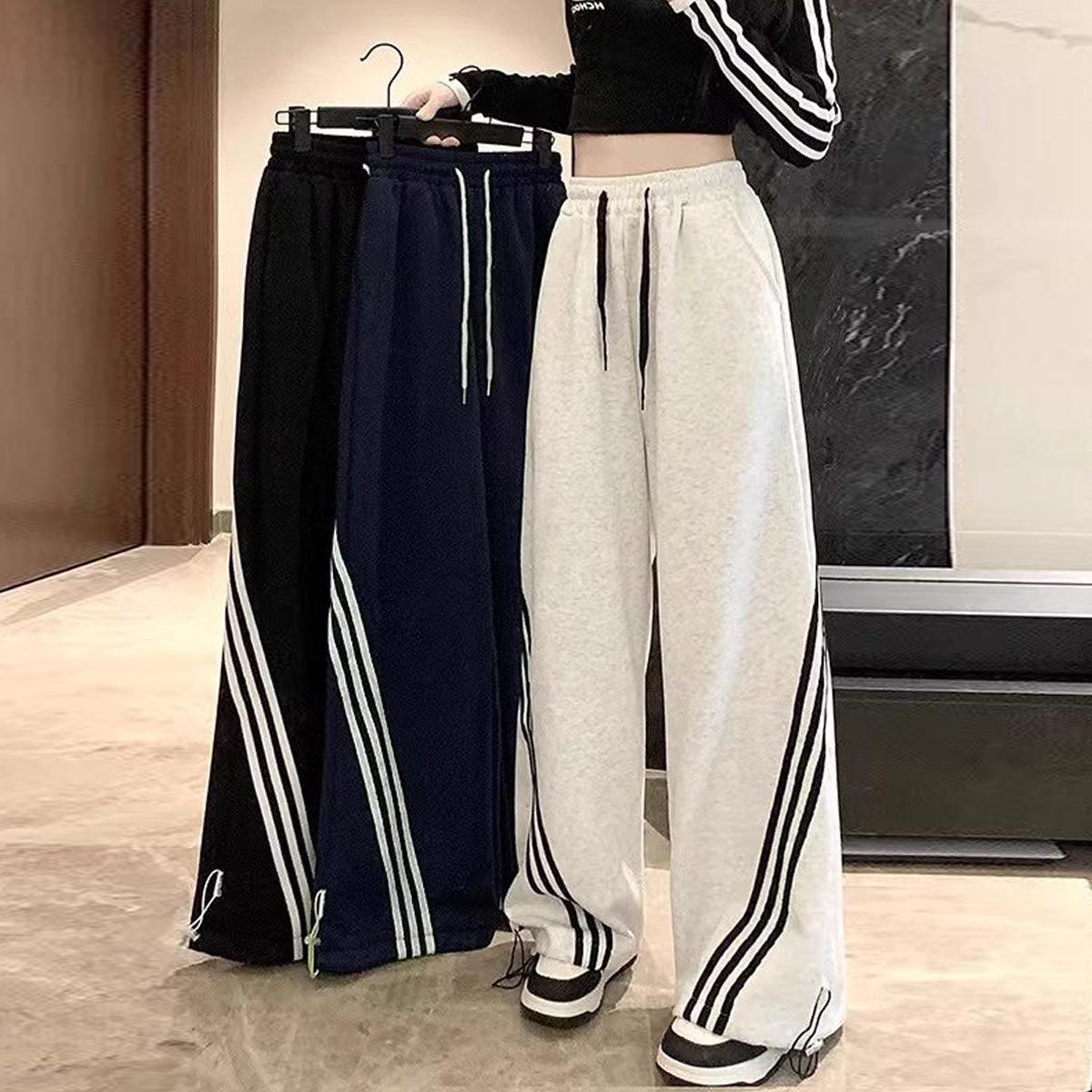 

Women s High-Waisted Three-Stripe Wide-Leg Pants - Slimming, Drawstring Casual Sportswear for Spring and Autumn M (50-57.5 kg)