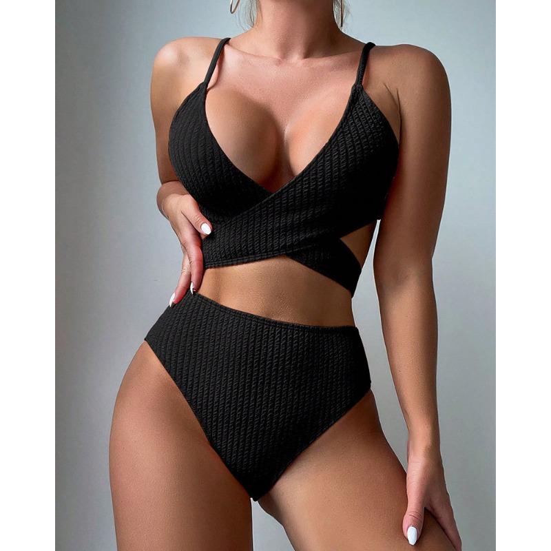 

Женский бикини, сексуальный купальный костюм с высокой талией, пляжный купальник, однотонный женский летний купальник на шнуровке с разрезом XL чёрный