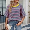 Women T-shirt Loose Fit Striped Print Round Neck Short Sleeve Tee Tops Elastic Fit Summer Pullover Tops