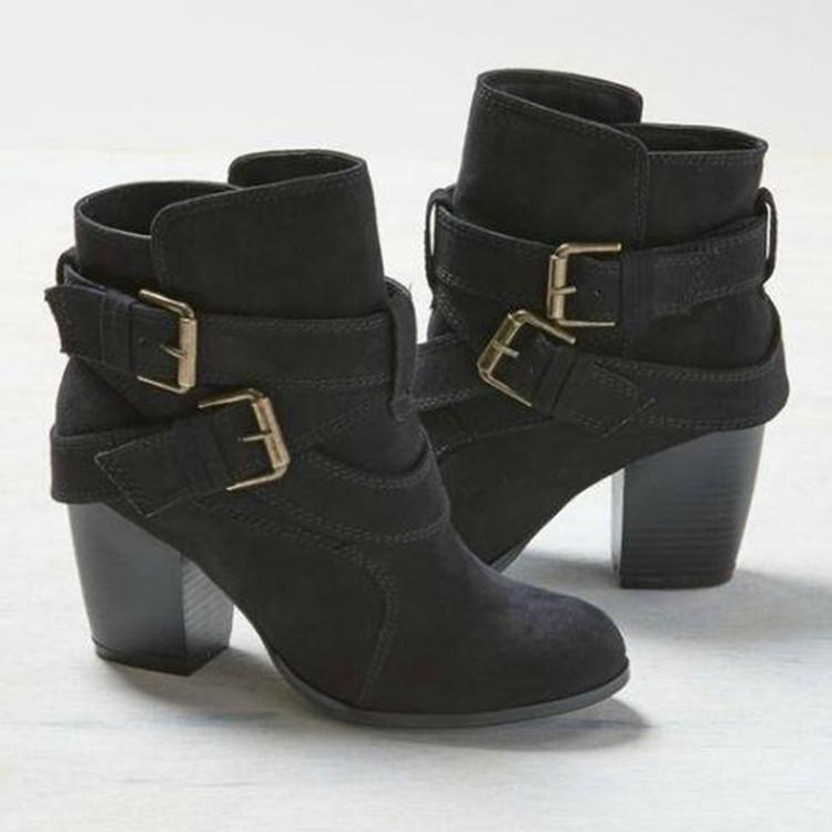 

Winter new ladies short Boots Round toe outdoor antislip shoe Fashion belt buckle bare boot Women s thickheel comfort shoes 38