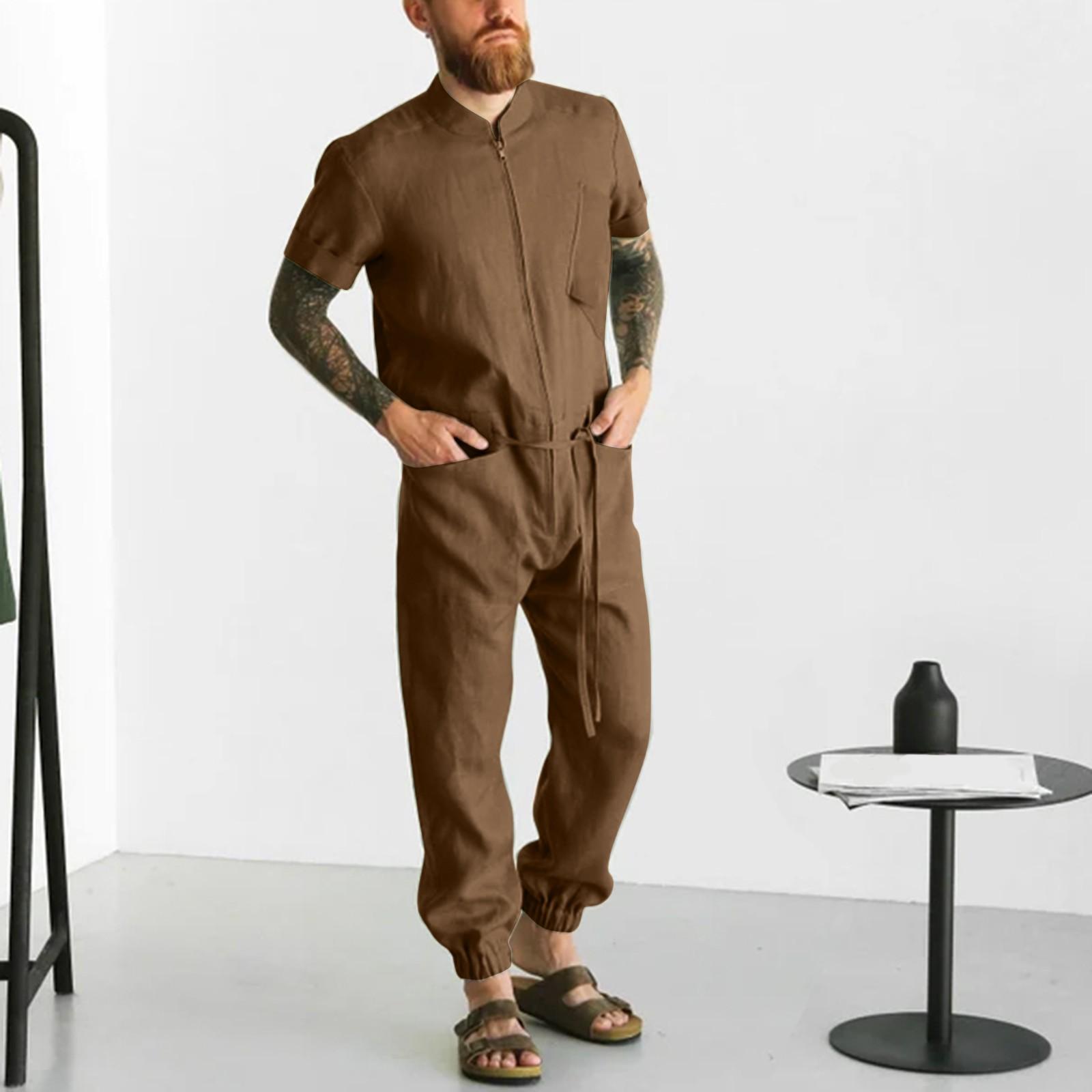 

Мужской повседневный комбинезон, комбинезон на молнии, однотонная рабочая одежда, хлопково-льняная мужская рабочая одежда, брюки M кофейный