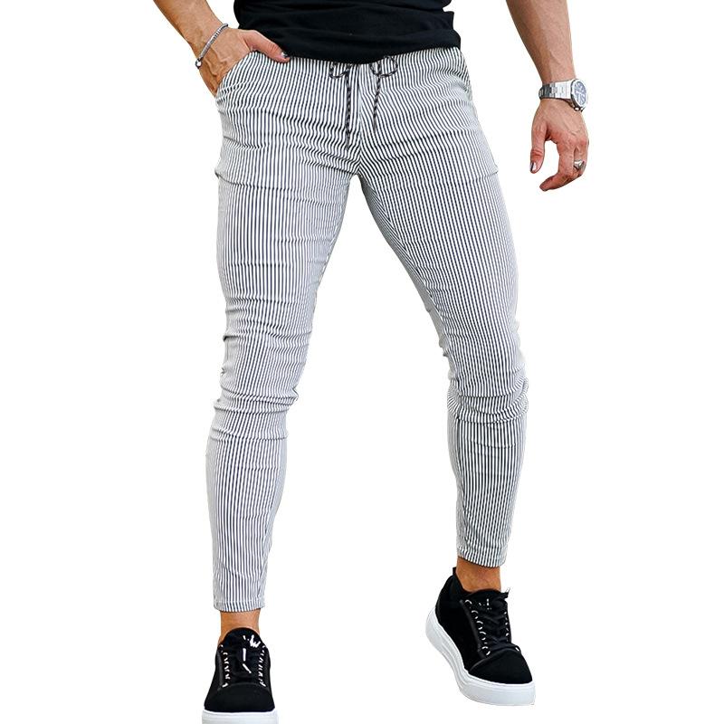 Pantalones Otoño Hombre Casual Cordones Piernas Slim Rayados Pantalones Casuales Hombre