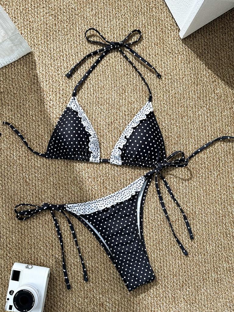 Bikini Swimsuit Women 2026 Cute Sexy with Tie Straps Small Chest Gathering Polka Dot Two-piece Triangle Swimsuit Vacation Spring