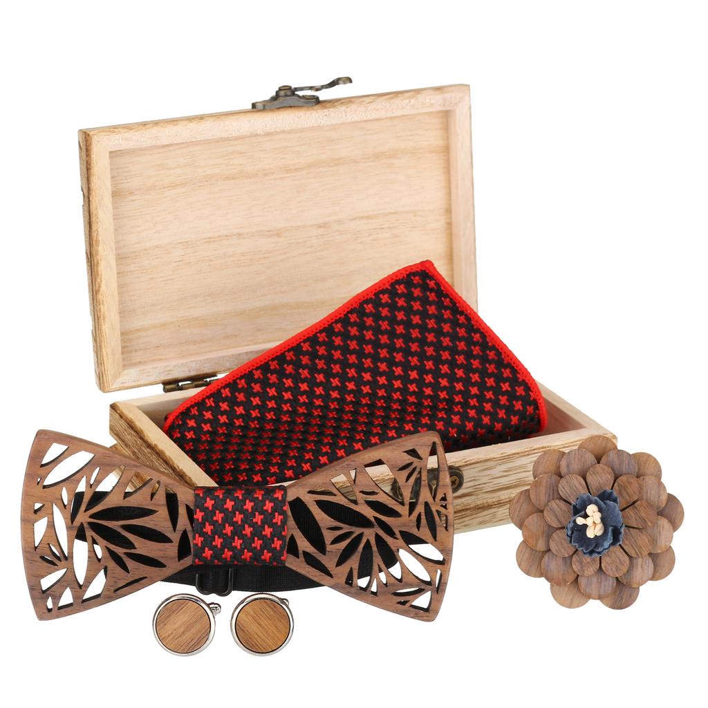 4Pc Men Bow Tie Handkerchief Cufflink Lapel Flower Set Wooden Hollow Carved Box 4Pc Men Bow Tie Handkerchief Cufflink Lapel Flower Set Wooden Hollow Carved Box