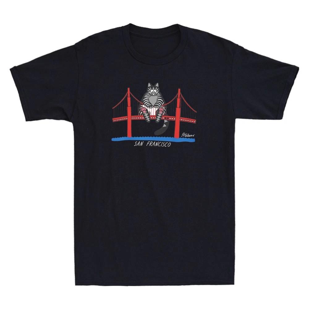 San Francisco Funny Black Cat Sitting On The Bridge Graphic Retro Men s T-Shirt 3XL