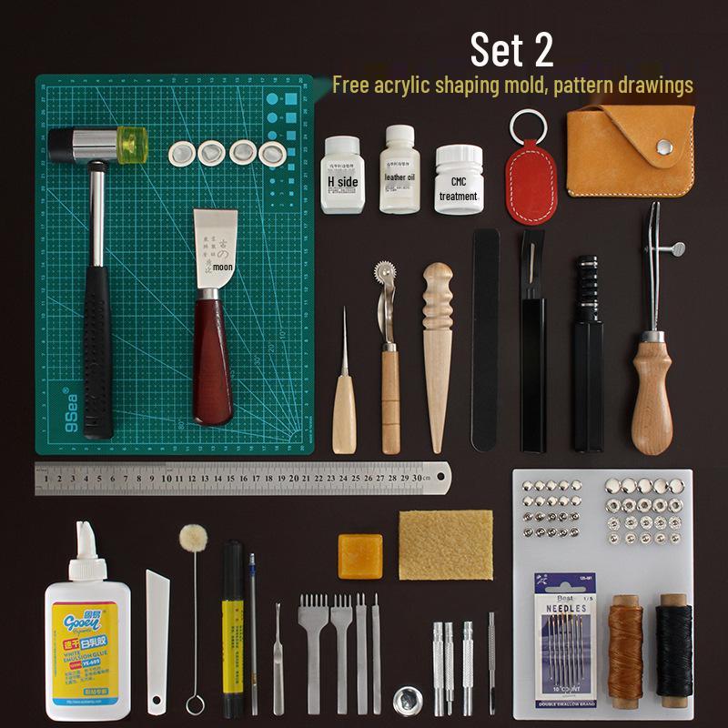 Handmade Leathercraft Sewing Set: Cutting Knife, Diamond Awl, Edge Beveler, Waxed Thread, and Coat.