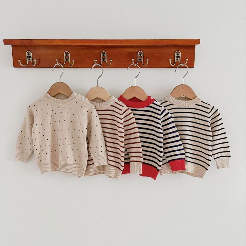 Maglioni per neonati per ragazzo e ragazza, maglione in cotone neonato con scollo tondo a righe e fondo a pois