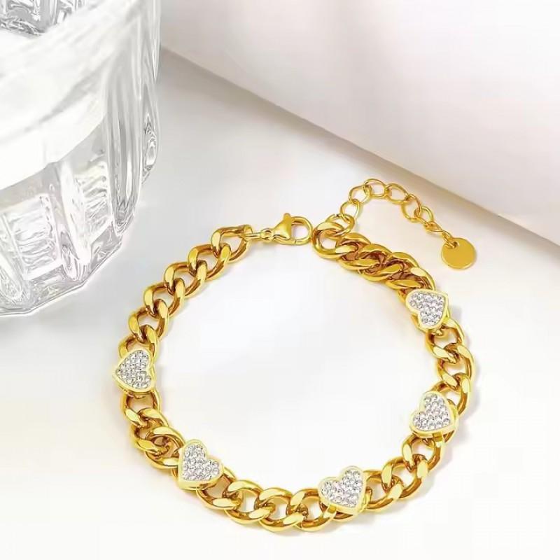 Stainless Steel Heart Shape Zircon Cuban Link Bracelet Women 18K Gold Plated Titanium Luxury Fashion Jewelry