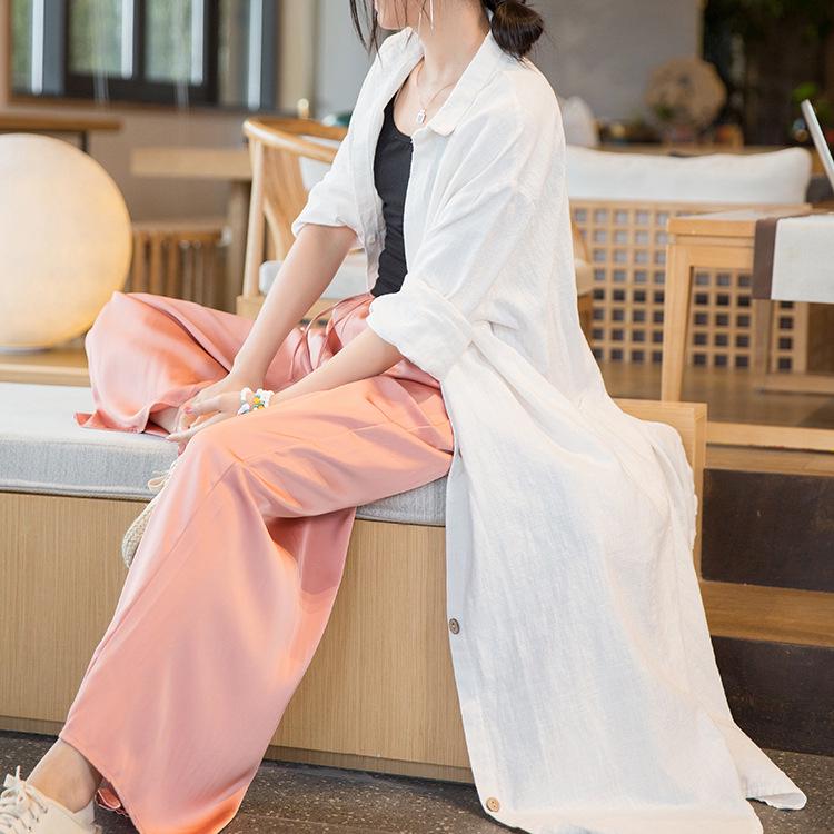 Women's Distressed Ramie Trench Coat: Casual, Slimming, and Elegant Long Cardigan